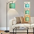 DLLT Arc Floor Lamps for Living Room with 3 Color Temperatures, Modern Standing Lamp with Reading Light with Linen Shade for Bedroom, 8W LED Bulb Included, Matte Black with Dark Green Lampshade