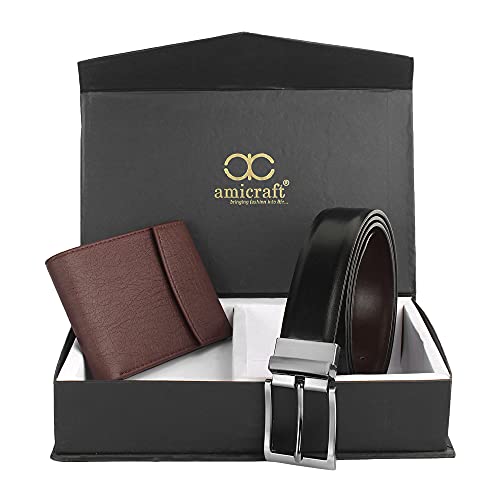 Image of Amicraft Faux Leather Men's Wallet & Belt Combo Set Black Brown Reversible Gift set