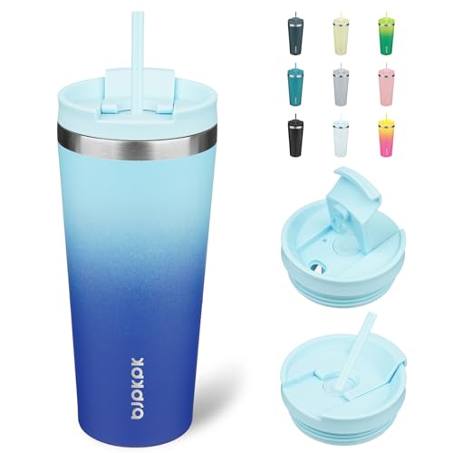 BJPKPK 22oz Insulated Tumbler With lid And Straw Stainless Steel Tumblers Travel Coffee Mug Reusable Thermal Cup,Sky