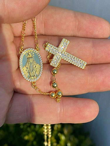 HarlemBling Solid 925 Sterling Silver - Baguette Cross Rosary Beads -14k Yellow Gold Finish - 4mm 24" Men's Rosario Necklace2