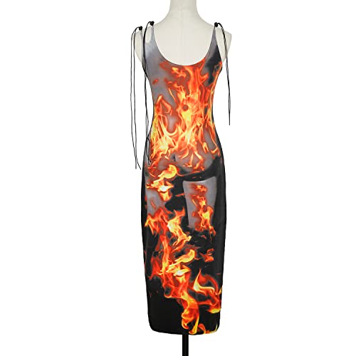 Y2K 3D Body Flame Print Women's mid-Length Dress Thin Strap Sleeveless Body-Shaping Dress3