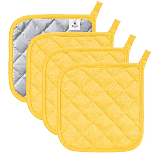 Joyhalo 4 Pack Yellow Cotton Polyester Pot Holders for Kitchen, Heat Resistant Up to 400 Degrees, Thicker Hot Pads, Quilted and Padded, Durable and Firm Grip, Great Gift Choice