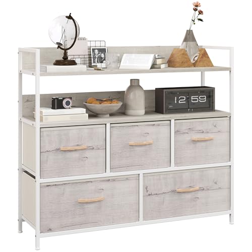HOMCOM Bedroom Chest of Drawers, Fabric Dresser with 5 Drawers, Storage Organiser Unit with Open...