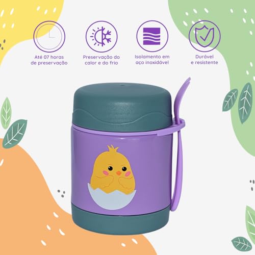 Pote Térmico Bebê Infantil 320 ml Aço Inox Com Garfo Bamboo (LILÁS)