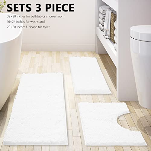 Image of White Bathroom Rugs Chenille 3-Piece Extra Soft and Absorbent Shag White Bath Mat, Machine Wash Mat, Strong PVC Non-Slip Underside, Plush Carpet Mats