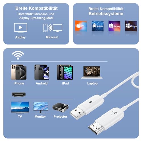 FENGYUN ELE Wireless HDMI Adapter, HD Wireless HDMI Display Adapter mit Miracast/AirPlay, Kompatibel mit iOS/Android/Windows/Mac, Plug & Play, Bildschirmspiegelung für TV/Monitor/Projektor