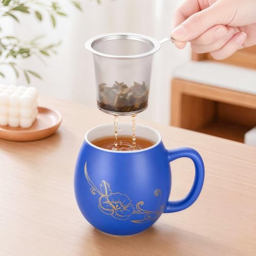 Image of Yundu 12 OZ Ceramic Mug with Lid & Tea Strainer - Matte Blue Tea Cup with Golden Flower, Stainless Steel Infuser for Loose Leaf Tea
