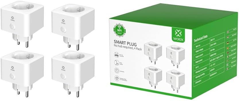 Four WOOX R6087 EU Schuko Smart Plugs next to their retail packaging box. The box is green and white, displaying product features and technical data.