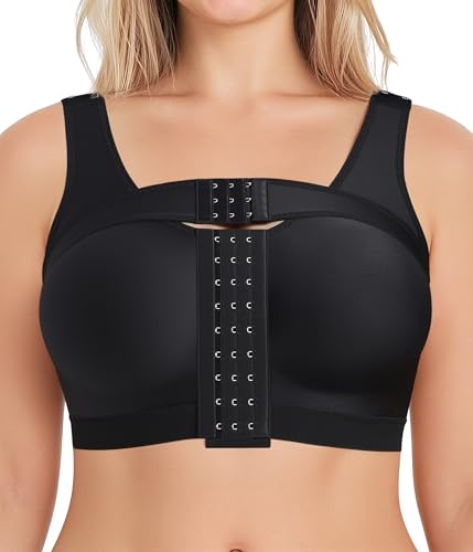 BRABIC Compression Bra Post Surgery - Mastectomy Bras for Women Front Closure with Removable Breast Support Band (Black,Medium)