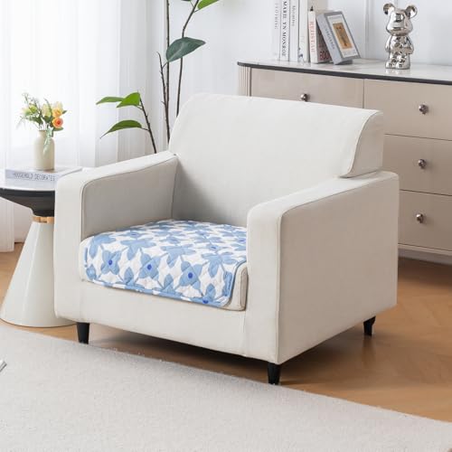 Image of House of Quirk 'Mughal Series' Printed Quilted Sofa Cover for 1 /2 /3 /4 Seater - Anti-Slip, Washable Couch Protector Slipcover (One Seater, Indigo Motif, 80x60 cm)