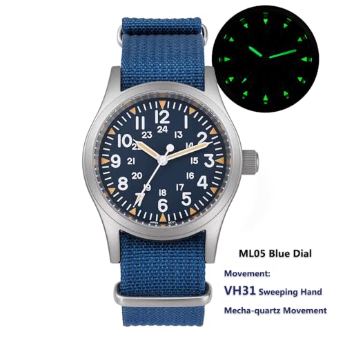Image of Militado ML05 38mm VH31 Quartz Watch - Domed Sapphire Crystal Field Watch C3 Super Luminous Retro Sweep Wrist Watch for Men 100M Waterproof