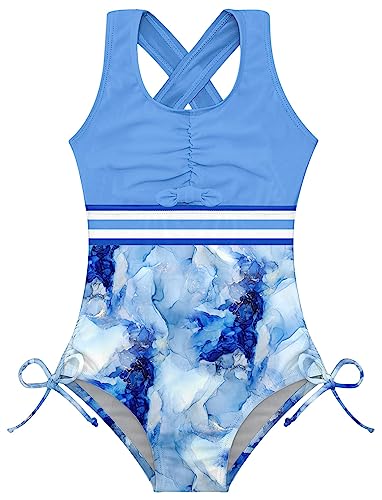 Image of BFUSTYLE Girls One Piece Swimsuit Cute Striped Bathing Suit Hawaii Swimwear 6-17 Years