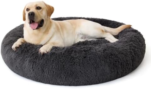 BEDSURE SupportMax™ Hundebett Grosse Hunde Waschbar Flauschig Rund, 120cm | Plüsch Donut Hundekorb mit Abnehmbarem und Waschbarem Bezug, Körbchen Hund mit Rutschfester Boden, Grau