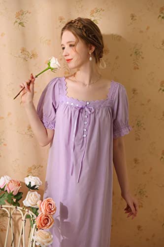Hearttouch Victorian Nightgowns For Women 100% Cotton Nightgown Short/Long Sleeve Nightdress Vintage Sleepwear Loungewear (Purple,Large) #TOP2