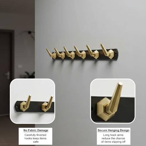 Image of Modern Design Cloth Hanger for Wall /6 Hook Dress Hanger for Door Mount /Bathroom Hooks for Hanging (Black & Gold Finish) Pack of 4-| 3 Years Warranty |
