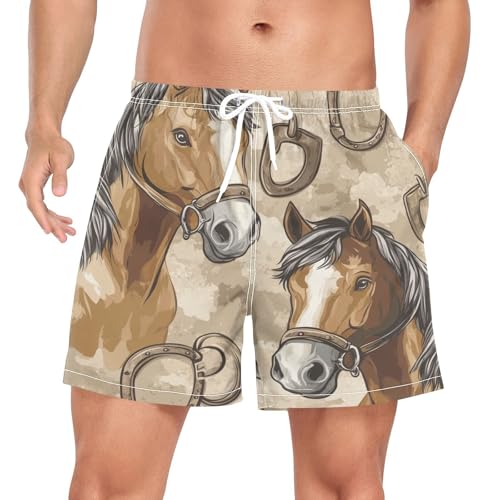 Retro Horse Print Men's Swim Trunks with Liner Quick Dry Beach Shorts Swimwear Bathing Suit S-XXL