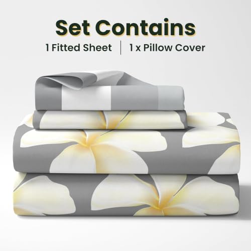 Image of LORETO - A QUALITY LINEN BRAND 144 TC 100% Pure Cotton Single Fitted Bedsheet with 1 Pillow Cover for 72 x 36 Inch Mattress, All-Around Elastic, 8 Inch Deep Pocket, Storm Grey & Celery White Flower