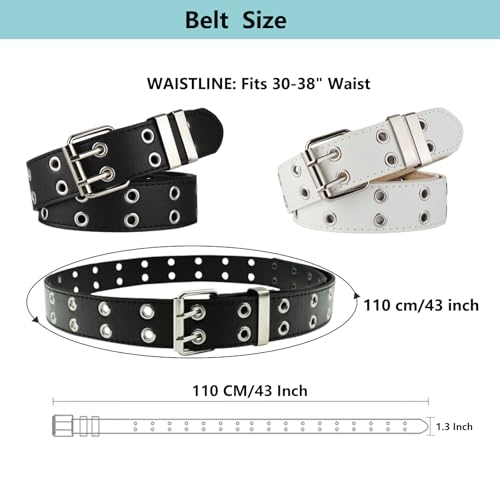 YMO Black Belt Women, White Double Grommet Leather Belt for Women Men Jeans Belts2