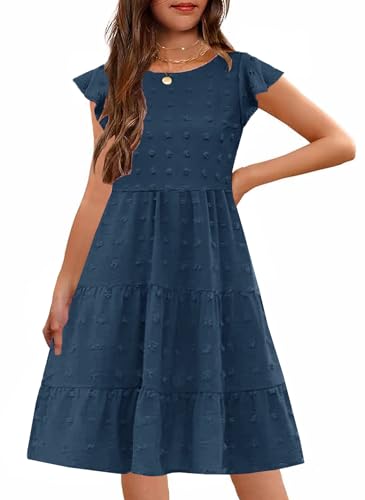 HOSIKA Girls Summer Cute Swiss Dot Flutter Sleeve Boho A Line Swing Tiered Casual Holiday Dress for 6-12 Years