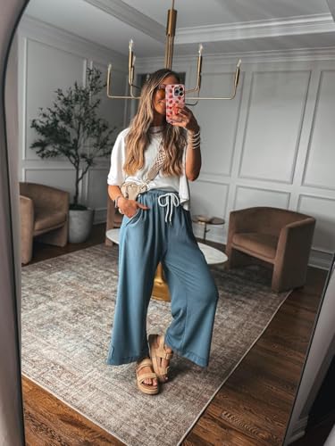 Image of Athlisan Womens Baggy Wide Leg Palazzo Pants Casual Loose Drawstring Elastic Waisted Lounge Trousers with Pockets