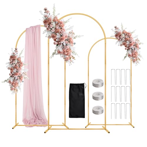 WellSign Soporte de arco de boda de 6 pies, 5 pies, 4 pies, juego de 3 arco de globos dorados de metal para ceremonia, baby shower, cumpleaños, fiesta nupcial, decoración de eventos, jardín y plantas
