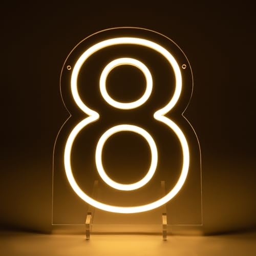 Image of Number 8 LED Neon Sign Backdrop Birthday Party Decoration, 11.3 inch Height Warm White Marquee Number Eight Light Up Sign for Wedding Anniversary Window Wall Table, Indoor Battery Operated or USB