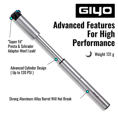 GIYO Bomba de ar portátil para bicicleta pequena com medidor Presta & Schrader (máx. 120 psi) | para