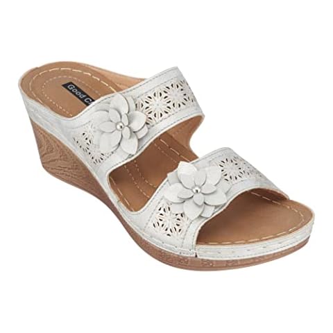 GC Shoes Womens Open Toe Memory Foam Wedge Sandals, Summer Platform Heels, Low Heeled Double Strap Slides, CIE/Silver/8 Cover
