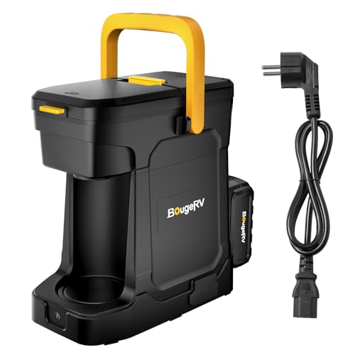 BougeRV Macchina da caffè a batteria, batteria 144 Wh, DC 18 V & AC 230 V, macchina da caffè da campeggio per caffè macinato e cialde caffè, macchina da caffè mobile per campeggio, cantiere, camper