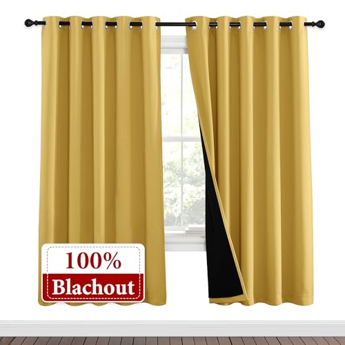 Image of NICETOWN Bright Yellow Full Shade Curtain Panels, Pair of Energy Smart & Noise Blocking Out Blackout Drapes for Dining Room Window, Thermal Insulated Guest Room Lined Window Dressing(62 x 72 inch)