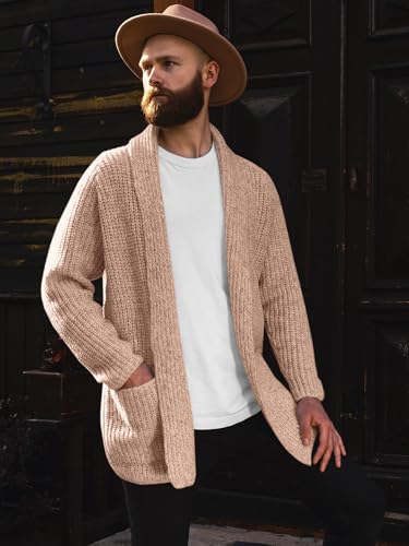 Image of Runcati Mens Shawl Collar Long Cardigan Casual Knit Open Front Sweater Fall Winter Thermal Cardigan Sweater