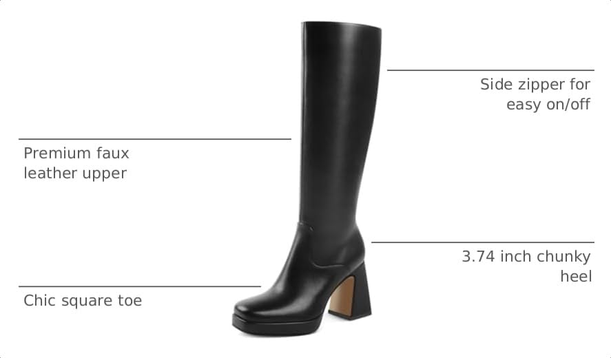 Image of JOY IN LOVE Knee High Boots for Women Chunky Heel Tall Boots | Chunky Block Heel, Square Toe, Side Zipper, Comfortable Daily Long Tall Boots