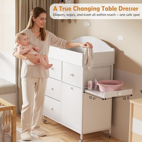 DTK Baby Dresser with Changing Table Top,4-Drawers Changing Table Dresser with Tile-Out Trash Cabinet and Pull-Out Shelf,Diaper Changing Station with Waterproof Pad and Storage for Nursery,White