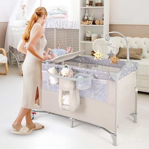 Miniatura 2 de Relax4life 5 En 1 Cuna Infantil Bebe Con 2 Ruedas Bloqueables, Cambiador, Correa Fijación, Caja De Música Y 3 Juguetes Colgantes, Cuna Con Colchón Y Bolsa De Transporte Para Bebés 0-36 Meses Beige