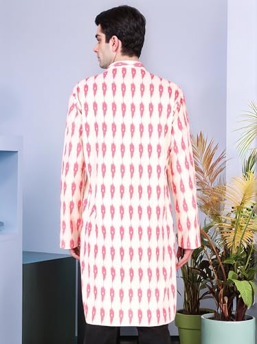 SKAVIJ Men's Cotton Printed Kurta Long Sleeve Knee-Length Shirt with Mandarin Collar2