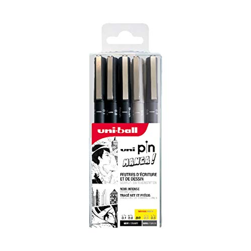 UNI-BALL Pochette de 5 feutres techniques Manga : 01N/08N/BRN/05GC/05GF