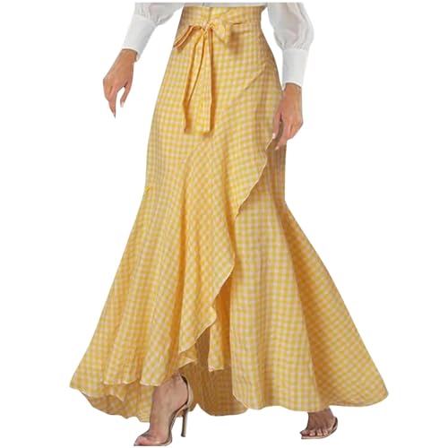 Womens Casual Mermaid Maxi Wrap Skirt A-Line Irregular Ruffle Hem Fishtail Long Skirts Elastic Tie Waist Work Clothes