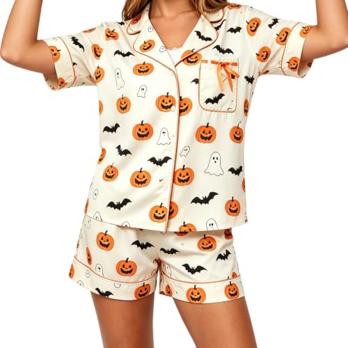Image of Women Holiday Satin Pajamas Short Sleeve Shirts Shorts Set 2pc Loungewear