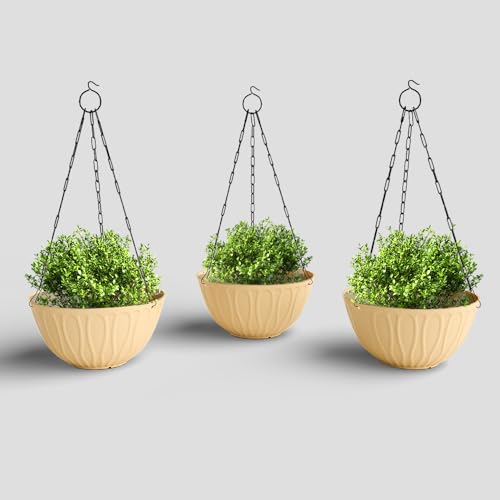Image of YUCCABE ITALIA SHERA Hanging Wave 8 INCH, Plastic Flower Pot with Drainage Holes Round Planter Pot Suitable for Inddor Outdoor Kitchen (Beige, Pack of 3)