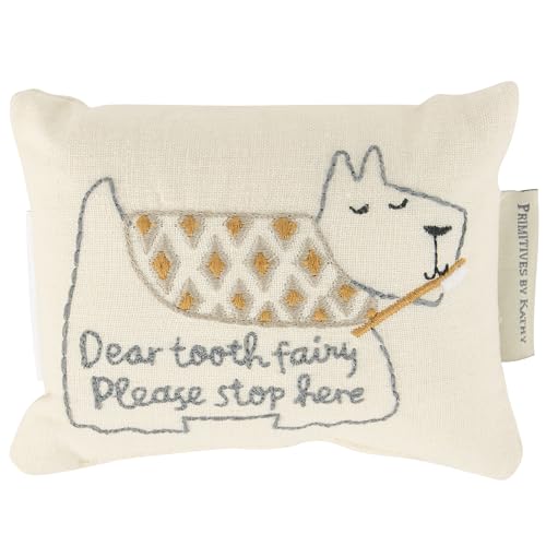 Image of Primitives by Kathy Puppy Tooth Fairy Pillow, 6.25 x 5-Inch Embroidered Dog with Toothbrush, Dear Tooth Fairy Please Stop Here Keepsake with Reward Pocket