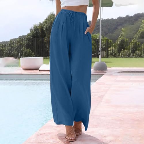 fanmpghleoo Wide Leg Linen Pants for Women Drawstring High Waisted Linen Palazzo Pants Flowy Comfy Lounge Pant with Pockets2