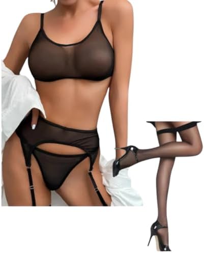 Fantezi Transparan Tül Jartiyer Takımı (Siyah, M)