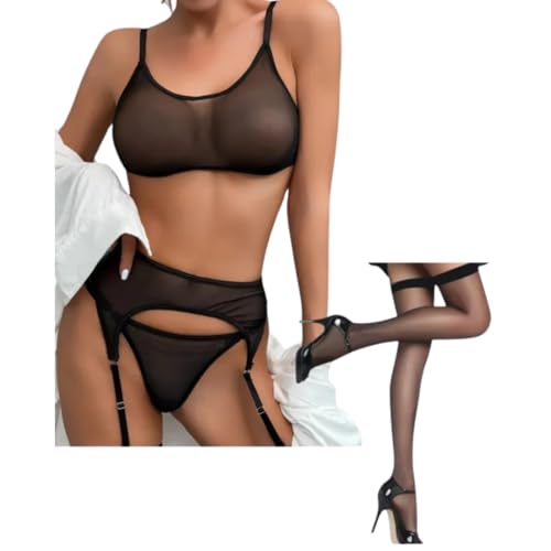 Fantezi Transparan Tül Jartiyer Takımı (Siyah, M)