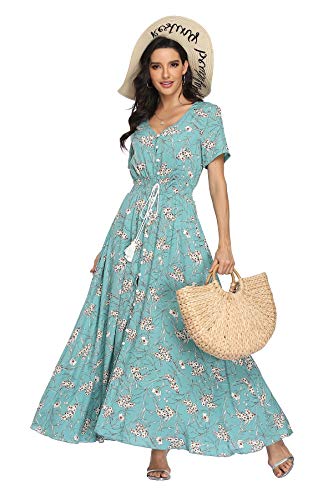 Image of VintageClothing Women's Floral Maxi Dresses Boho Button Up Split Summer Casual Long Dress Beach Party Dress