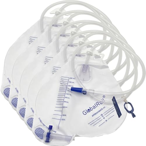 GlobalRoll Urinary Drainage Bag with Anti-Reflux Chamber Urine Bag with 2000 mL Volume 48 Drainage Tube Clips and Hanging Hook Professional Urinary Bag for Home and Hospitals Health Aids 5 Pack