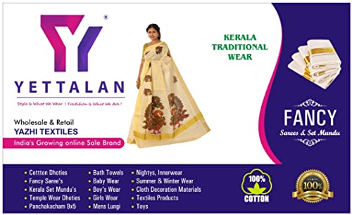 YETTALAN® Women's Mural Printed Kerala Gold Tissue Saree with Running Blouse Piece | Traditional South Indian Ethnic Saree for Festivals, Weddings & Special Occasions