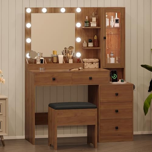 Image of Vanity Desk with Mirror and Lights, Walnut Makeup Vanity with 5 Drawers Hidden Jewelry Organizer& LED Glass Cabinet,3 Light Mode and Brightness Adjusted,Vanities Mirror with Lights Desk and Chair
