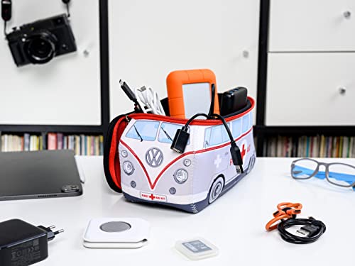 BRISA VW Collection - Volkswagen Neopren Universal-Schmink-Kosmetik-Kultur-Reise-Apotheke-Tasche-Beutel im T1 Bulli Bus Design (First Aid/Grau/Groß)