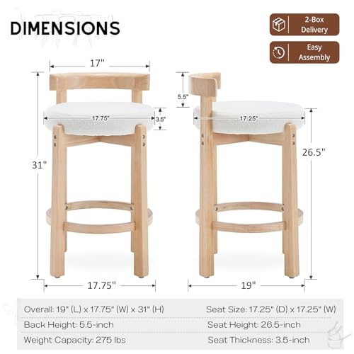 Image of CIMOTA 26.5 inch Counter Height Bar Stools Set of 4 | Mid Century Modern Low Back Bar Chairs with Solid Wood Legs & Sherpa Upholstered Seat, Kitchen Island Stools, White