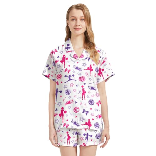 Image of Funny Pajamas for Women Set Print Satin Loungewear Pjs Short Sleeve Button Down Top and Shorts Sets Sleepwear XS-3XL